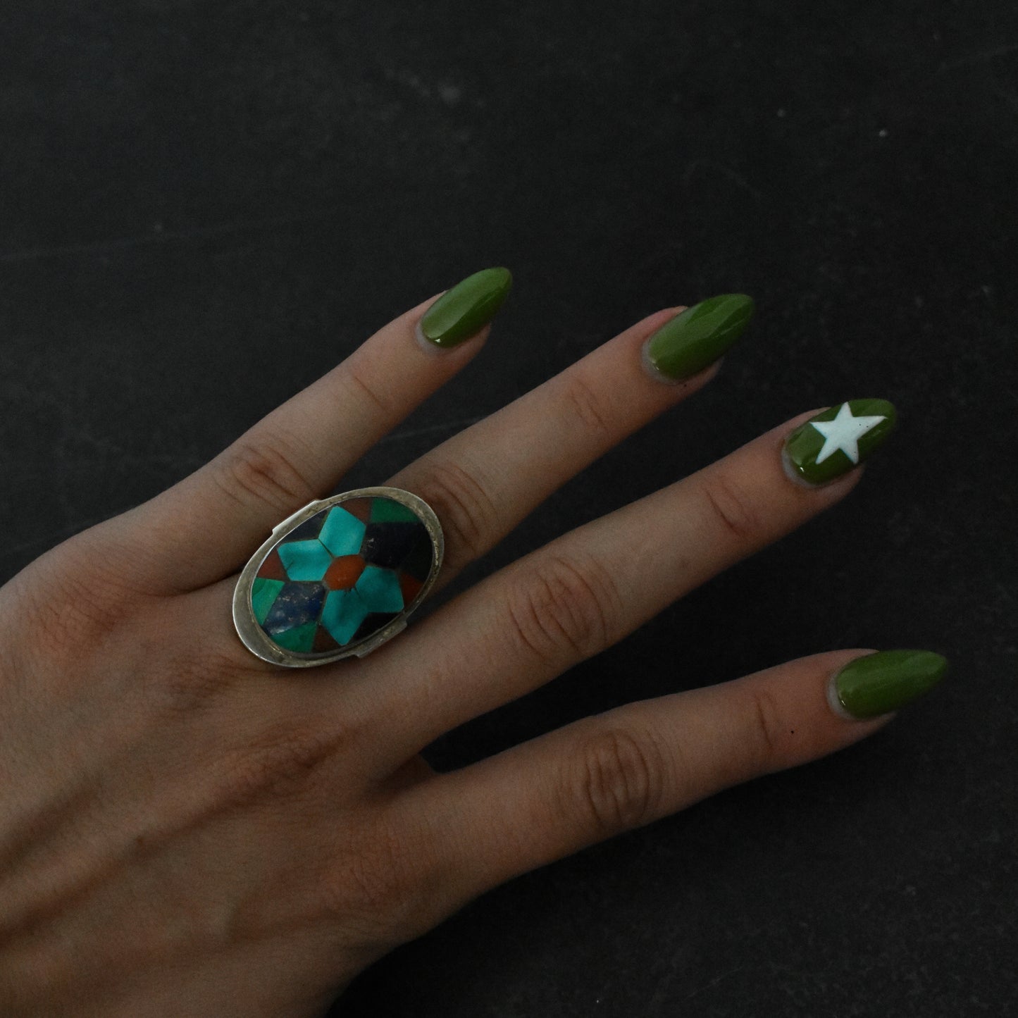 Mid Century Navajo Inlay Mosaic Cocktail Ring