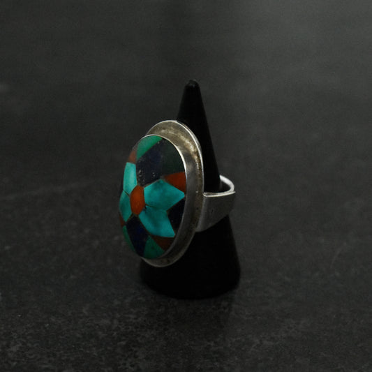 Mid Century Navajo Inlay Mosaic Cocktail Ring
